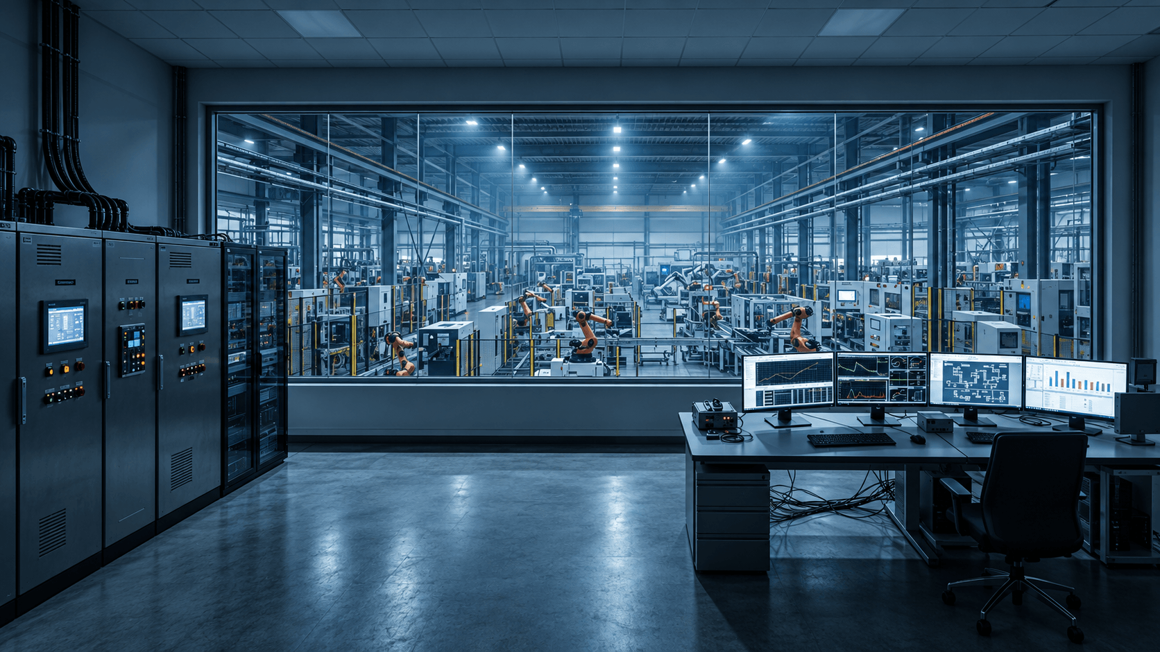 Industrial automation control room with steel control cabinets