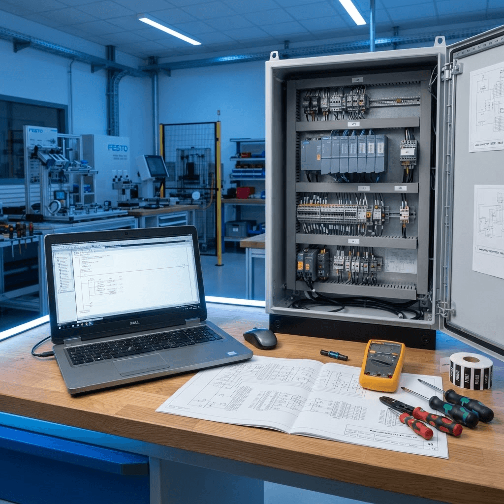 Automation engineer workspace with PLC code and control cabinet