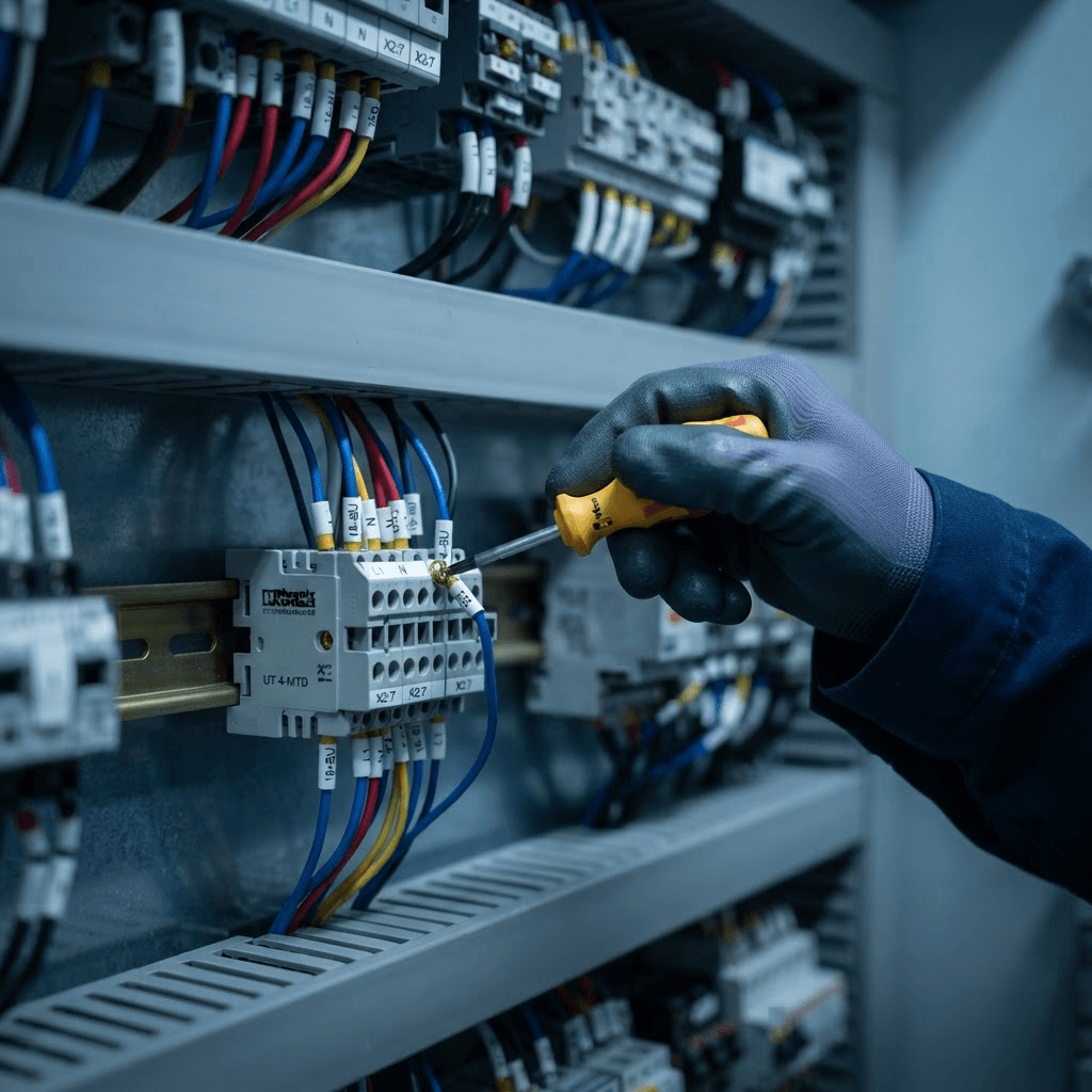 Close-up of wiring and terminal blocks in an industrial control cabinet